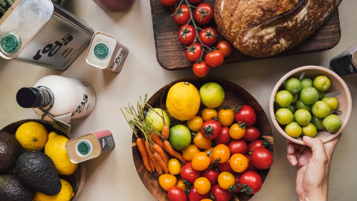 Fresh fruits and vegetables arranged on a table
